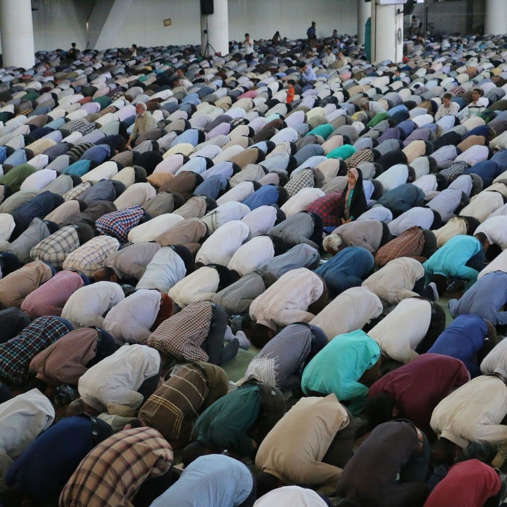 Rows of worshippers bowing down together in prayer
