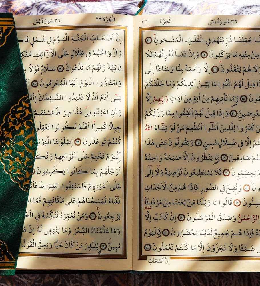The open pages of the Quran in warm, dappled sunlight